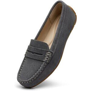 Kordal Women Grey Suede Gold Accent Buckle Slip-Ons Walking Flats Loafers